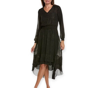 Nanette Lepore Fil Coupe Midi Dress Black Gold High Low Smocked Women Size 4